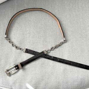 Brighton thin black MocCroc embossed leather Belt w/Brighton hearts & hardware